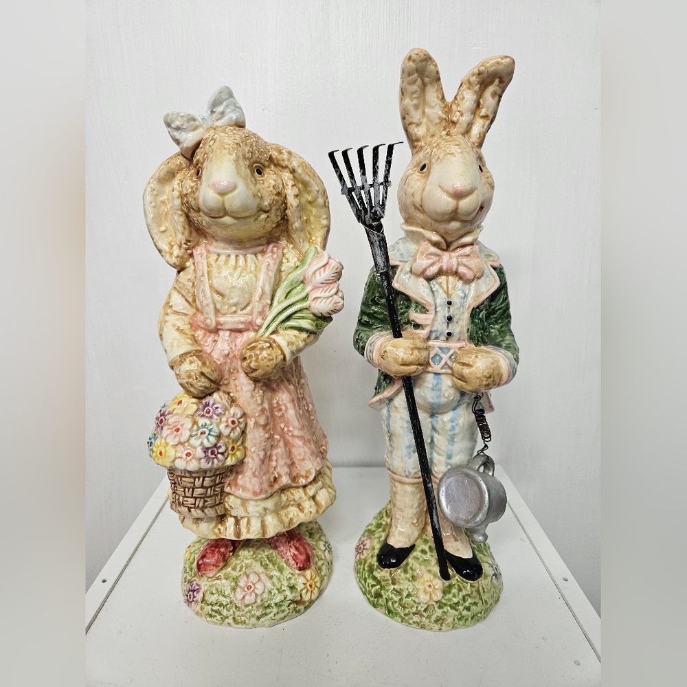 Vintage Ceramic Bunny Boy and Girl 11-12" tall Springtime